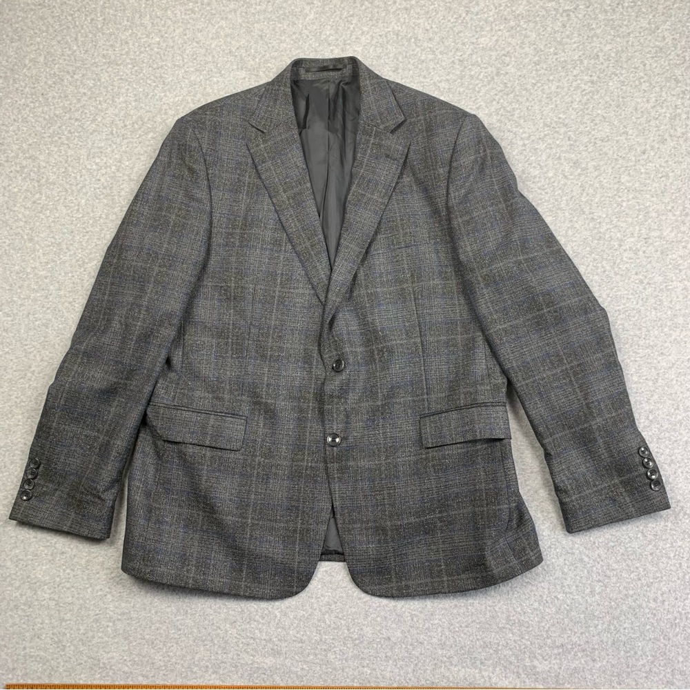 Enzo Tovare Blazer Men’s 44R Brit Jacket Grey Blue Plaid‎ Polyester Wool Blend